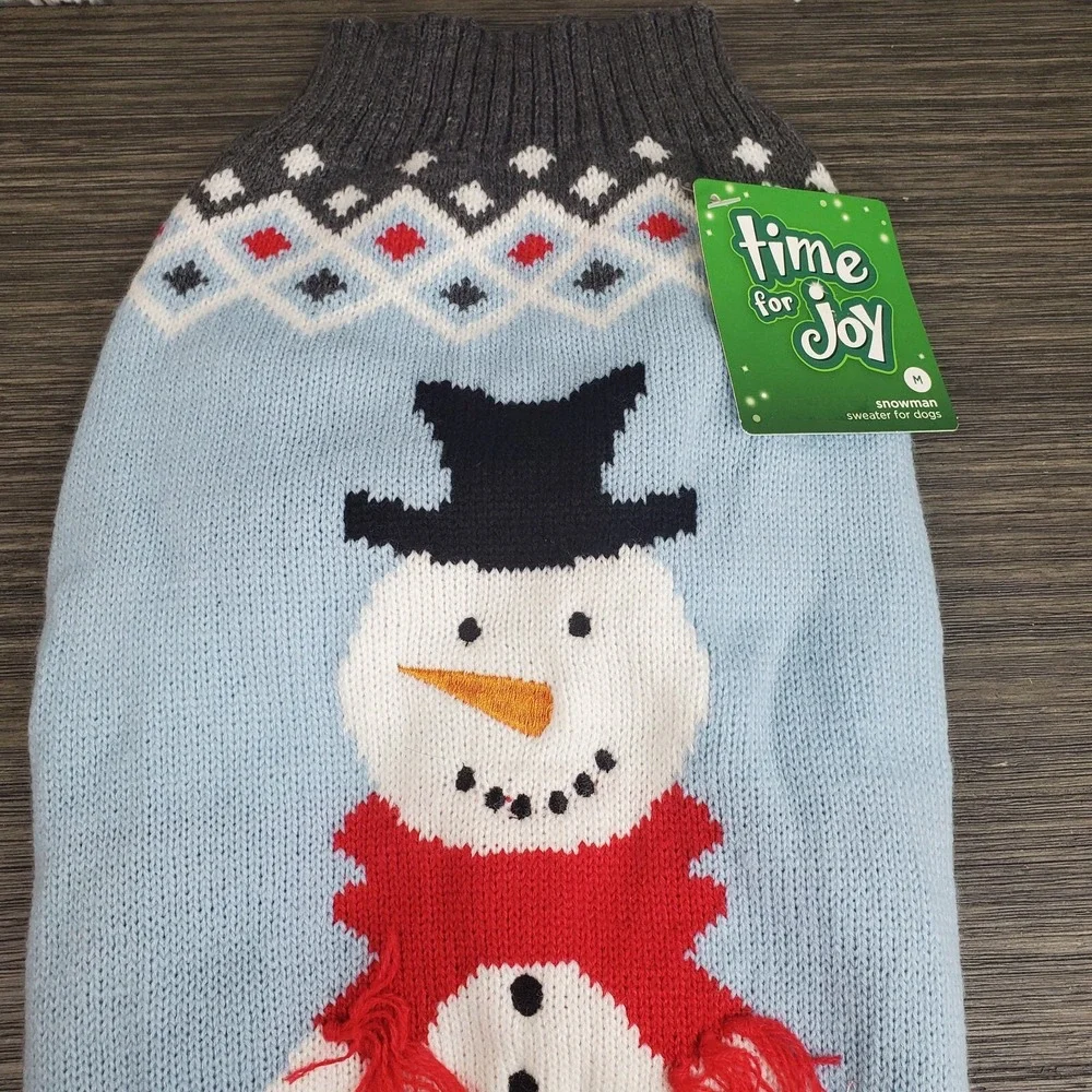 Time For Joy Medium Pet Winter Christmas Sweater With Snowman Light Blue